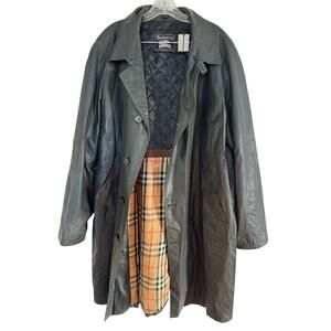 Vintage Burberrys Coated Cotton Trench Black Nova Check Lining Unisex Sz L